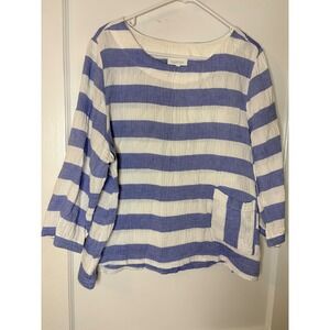 Habitat Striped Cotton Gauze Long Sleeve Pocket Tunic Top Women's L Blue White